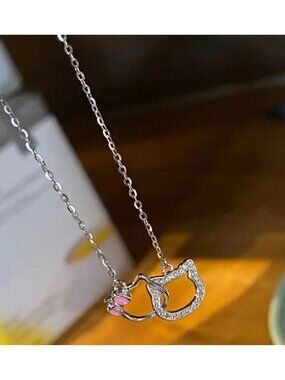 Hello Kitty Rhinestone Pendant Necklace Sparkling Silver & Pink Charms